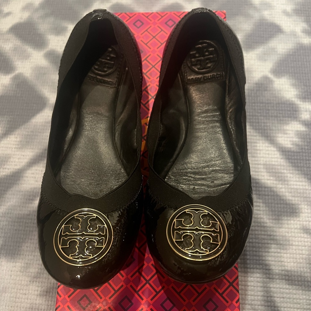 Tory Burch Black Patent Flats with Gold Logo